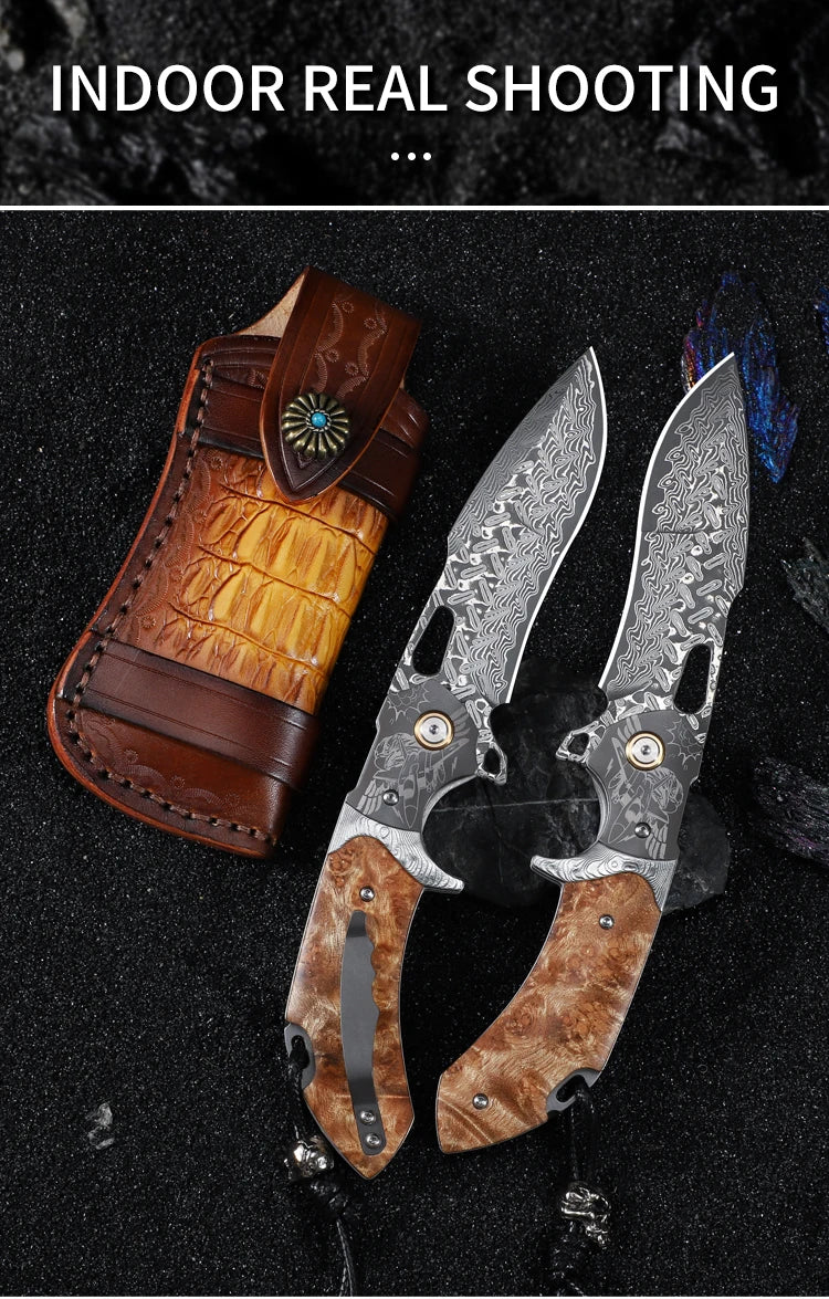 Handmade Damascus Steel Folding Pocket Knife, Men's EDC Pocket Knife with Sheath, Camping Hunting Outdoor Survival Knife
