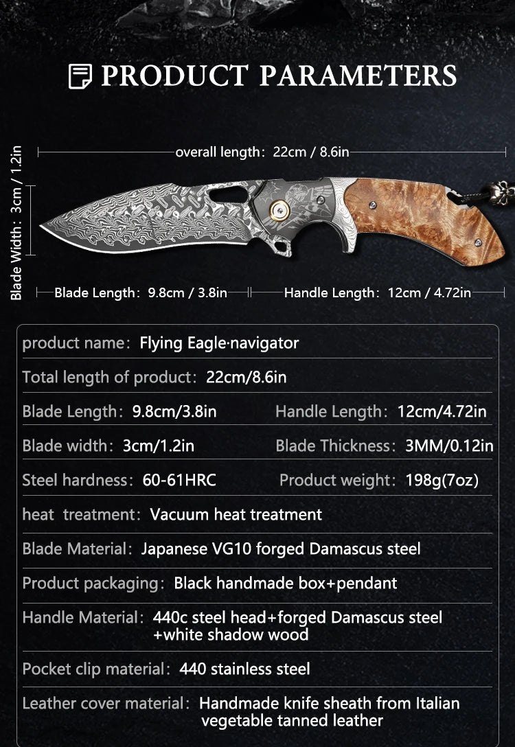 Handmade Damascus Steel Folding Pocket Knife, Men's EDC Pocket Knife with Sheath, Camping Hunting Outdoor Survival Knife