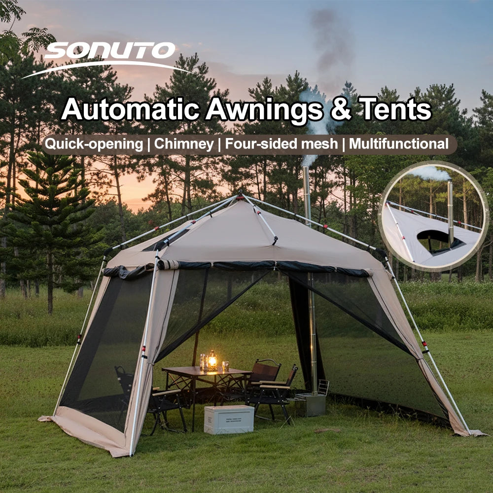 Outdoor Camping Tent with Chimney Large Family 5-9 Person Waterproof Sun Protection with Aluminum Poles Beach Hiking Fishing