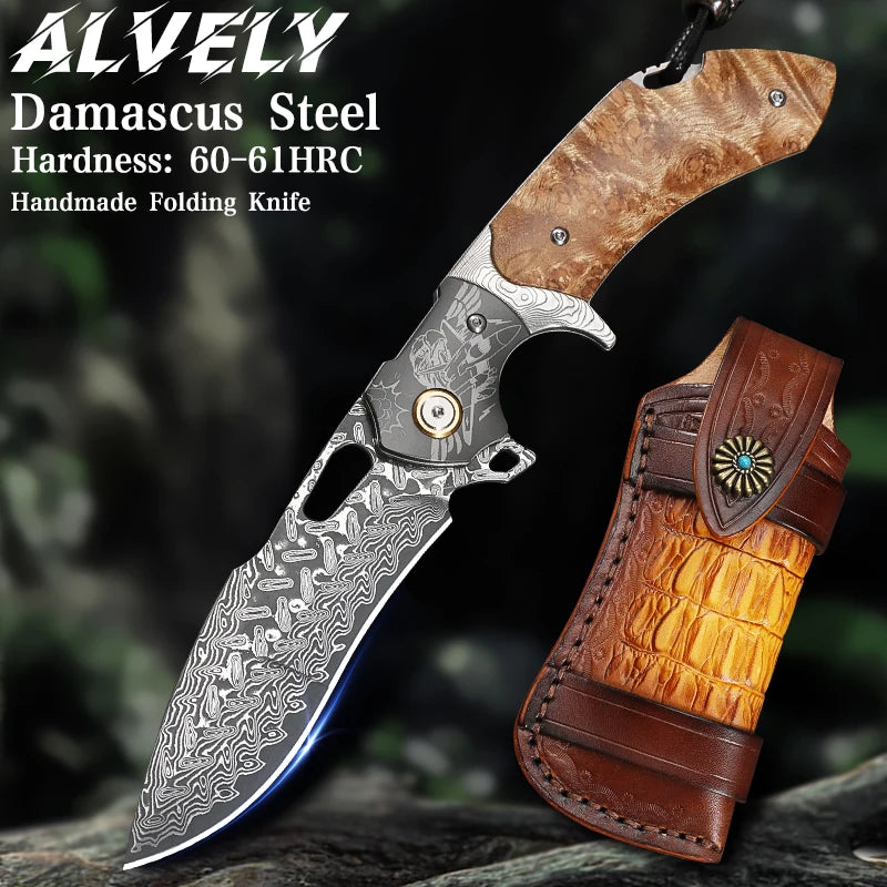 Handmade Damascus Steel Folding Pocket Knife, Men's EDC Pocket Knife with Sheath, Camping Hunting Outdoor Survival Knife