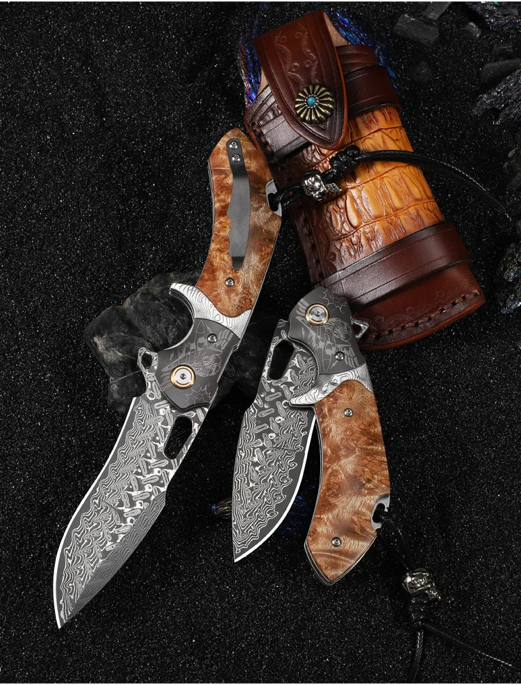 Handmade Damascus Steel Folding Pocket Knife, Men's EDC Pocket Knife with Sheath, Camping Hunting Outdoor Survival Knife