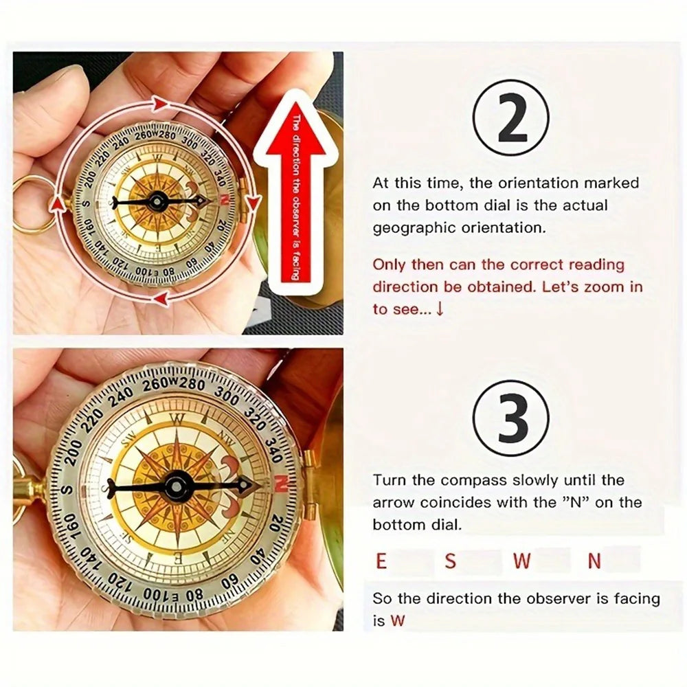 1/2Pcs Brass Pocket Compass for Camping  Hiking Water-Resistant Handheld Navigation Device Outdoor Portable Orienteering Gear
