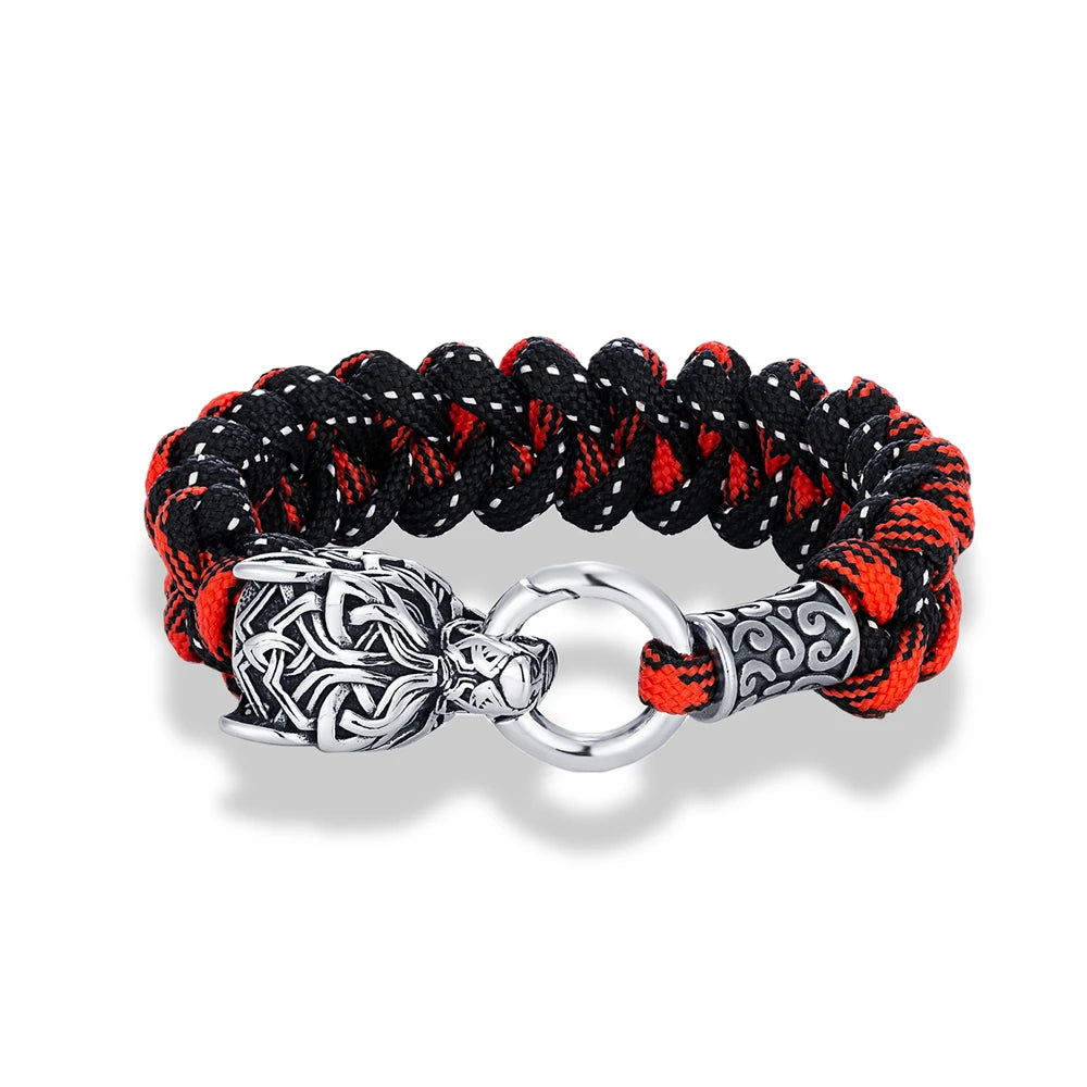 Punk Viking Wolf Head Metal Bangle Stainless Steel Norse Celtic Wolf Braided Paracord Rope Survival Bracelet Men Outdoor Jewelry