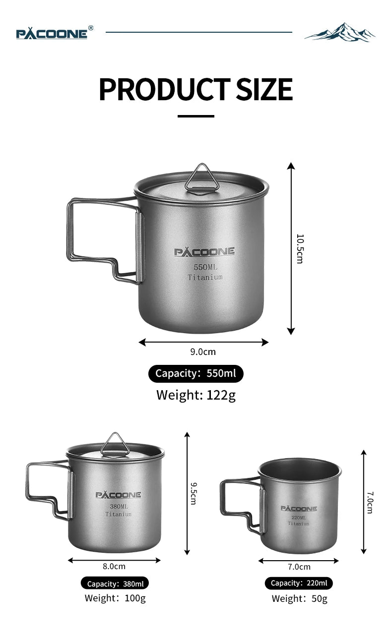 PACOONE Camping Mug Titanium Cup Tourist Tableware Picnic Utensils Outdoor Kitchen Equipment Travel Cooking Set Cookware Hiking