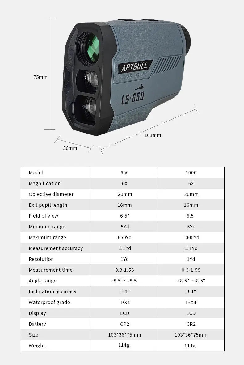 ARTBULL Laser Rangefinder Hunting Outdoor 1300yard 750yard 650m Golf Rangefinder with Flag-Lock Slope Adjusted Distance Meter