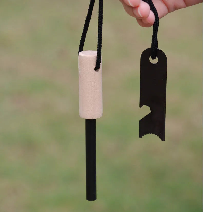 Outdoor Survival Flint Fire Starter with Wood Handle, Multi-Tool Magnesium Rod - Luminous Waterproof Camping Fire Stick