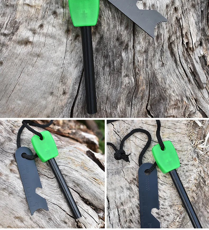 Outdoor Survival Flint Fire Starter with Wood Handle, Multi-Tool Magnesium Rod - Luminous Waterproof Camping Fire Stick