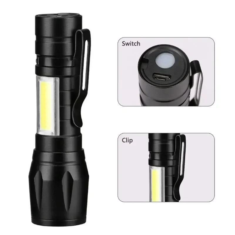 Portable Rechargeable LED Flashlight with Pen Clip Zoomable Waterproof Torch with Side Light Outdoor Camping Emergency Lantern