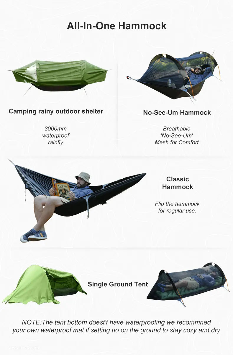 Camping Hammock Tent with Mosquito Net and RainFly，3 in 1 Waterproof Lightweight Sleeping Hammock , Travel Outdoor with Hiking