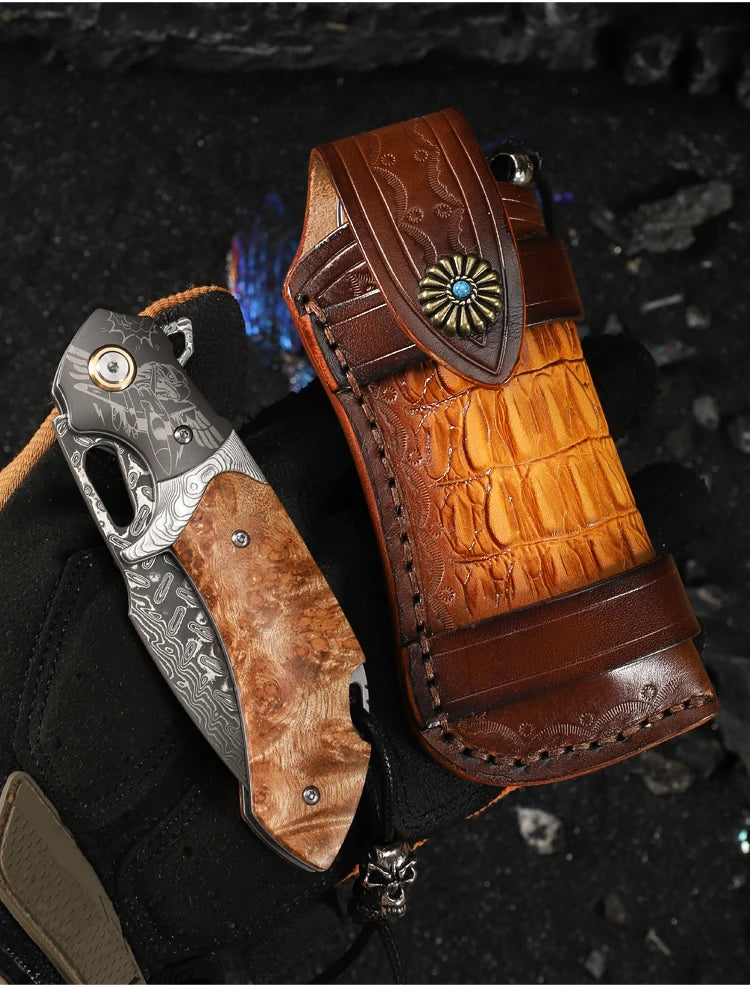 Handmade Damascus Steel Folding Pocket Knife, Men's EDC Pocket Knife with Sheath, Camping Hunting Outdoor Survival Knife