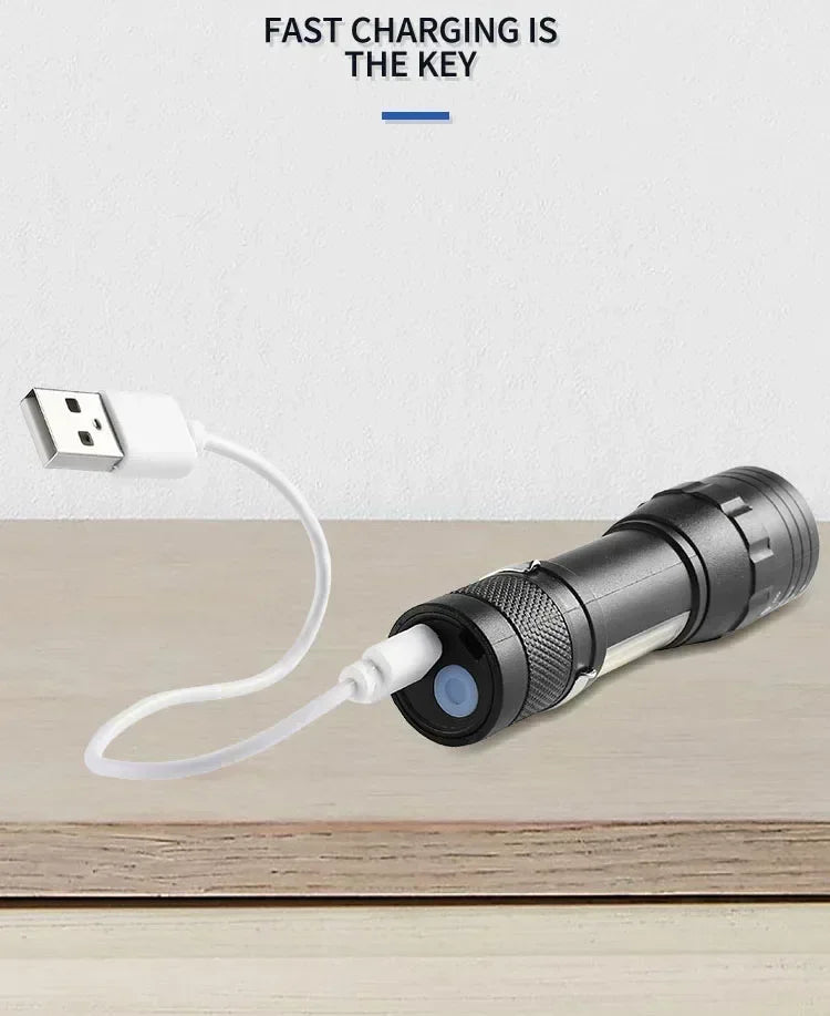 Portable Rechargeable LED Flashlight with Pen Clip Zoomable Waterproof Torch with Side Light Outdoor Camping Emergency Lantern