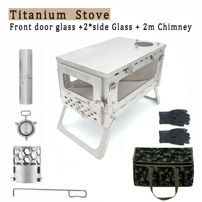 Tryhomy 1mm Titanium Wood Stove Folding Ultralight Camping Stove Brazier Portable Tent Fire Wood Heater Burner with Accessories