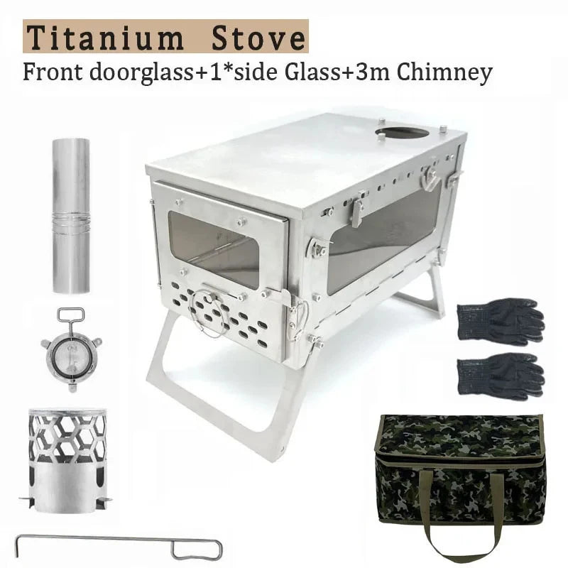 Tryhomy 1mm Titanium Wood Stove Folding Ultralight Camping Stove Brazier Portable Tent Fire Wood Heater Burner with Accessories