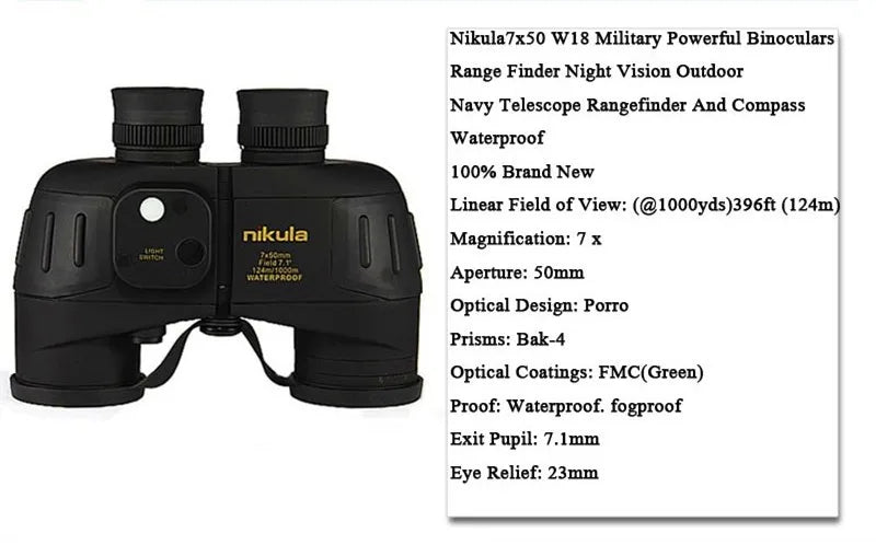 Waterproof Binoculars Nikula 7x50 Telescope Military Powerful Rangefinder Long Range With Digital Compass Night Vision Hunting