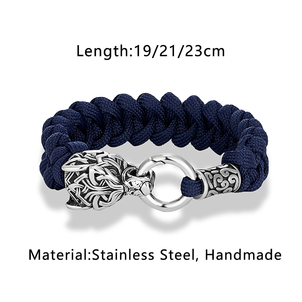 Punk Viking Wolf Head Metal Bangle Stainless Steel Norse Celtic Wolf Braided Paracord Rope Survival Bracelet Men Outdoor Jewelry
