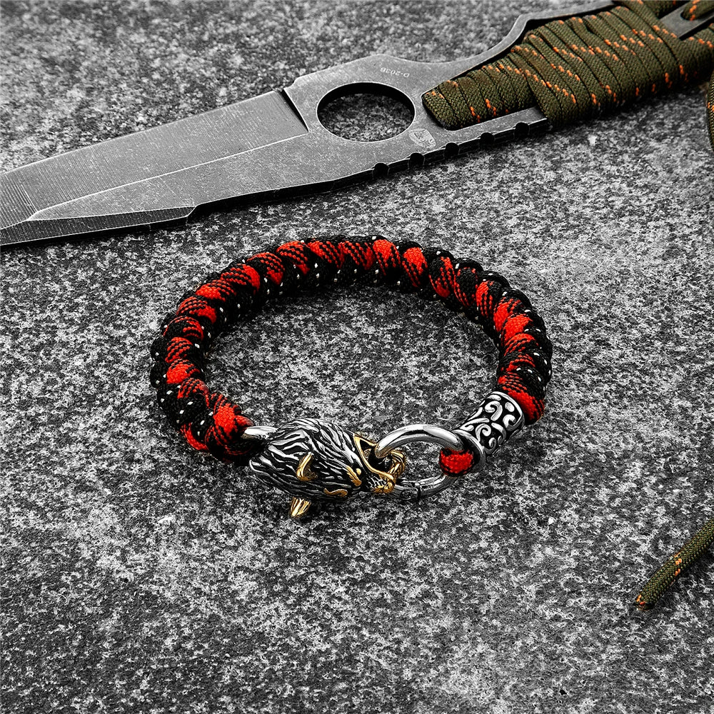 Retro Norse Odin's Wolf Survival Bracelets Men Viking Geri&Freki Stainless Steel Paracord Rope Bangles Handmade Outdoor Jewelry