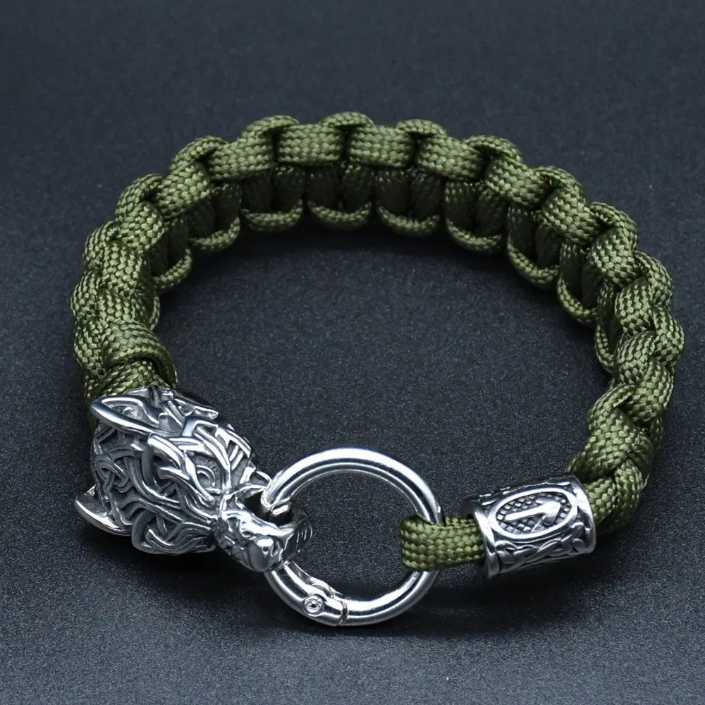 Stainless Steel Wolf Heads Bracelets Men Norse Vikings Runic Beads Survival Paracord Rope Bangles