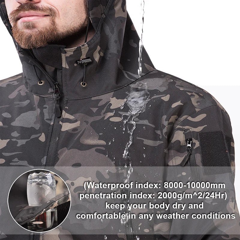 Tactical Waterproof Men Camo Set Soft Shell Fleece Winter Combat Suit Windbreak Warm Multi Pocket Outdoors Training Uniform