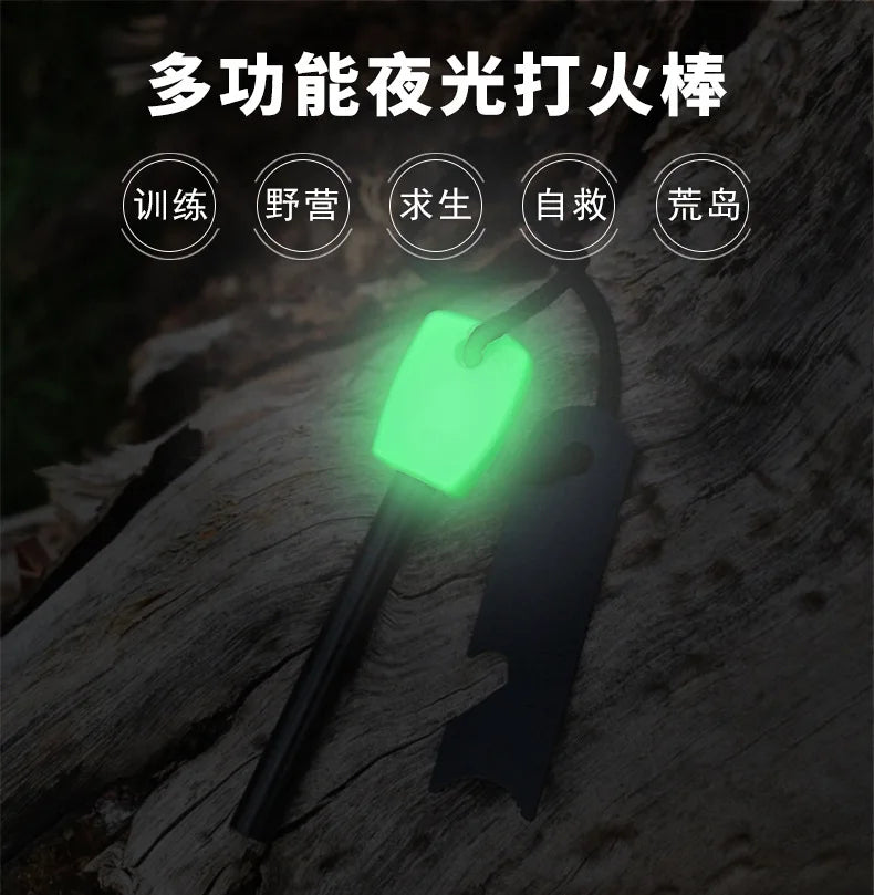 Outdoor Survival Flint Fire Starter with Wood Handle, Multi-Tool Magnesium Rod - Luminous Waterproof Camping Fire Stick