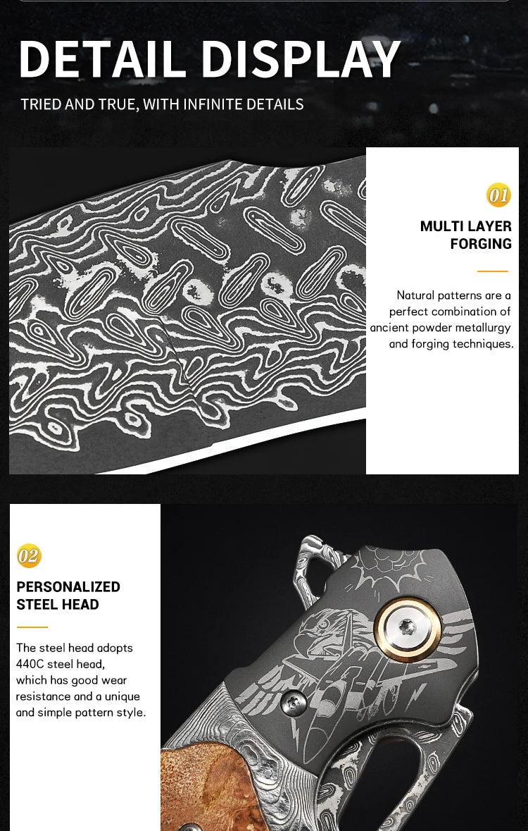 Handmade Damascus Steel Folding Pocket Knife, Men's EDC Pocket Knife with Sheath, Camping Hunting Outdoor Survival Knife