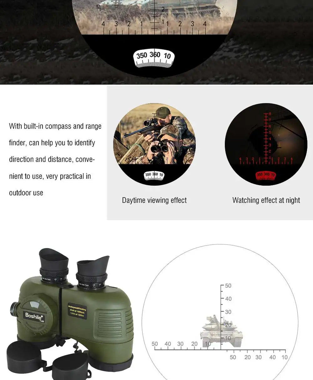 Powerful Marine Binoculars Boshile 7x50 Waterproof Telescope With Rangefinder Compass BAK4 Prism FMC Lens For Navigation Hunting