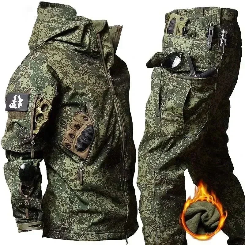 Men's Winter Autumn Fleece Jackets Tactical Waterproof Suits Outdoor Fishing Hiking Camping Tracksuits Coats Thermal Pants