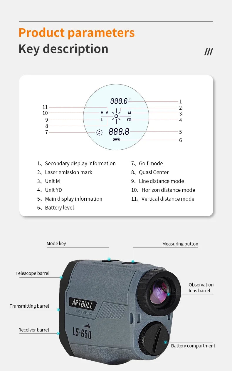 ARTBULL Laser Rangefinder Hunting Outdoor 1200M 650M Golf Rangefinder with Flag-Lock Slope Adjusted Distance Meter