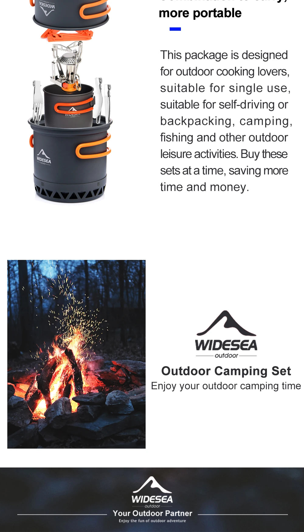 Widesea Portable Camping Cookware Set Aluminum  1.3L Pot 440ML Cup Stove Cutlery Set Bracket for Outdoor Cooking Hiking Backpack