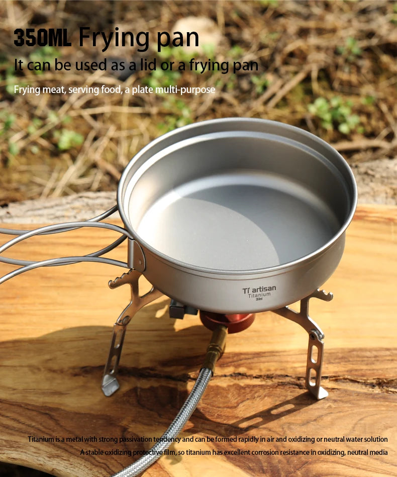 Tiartisan Titanium Folding Handle Camping Pot Frying Pan Set  Lightweight Portable Cookware Equipment For Outdoor Hiking Picnic