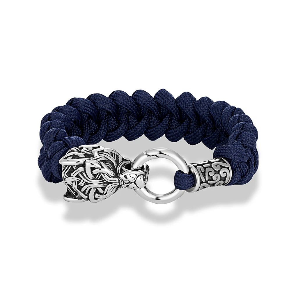 Punk Viking Wolf Head Metal Bangle Stainless Steel Norse Celtic Wolf Braided Paracord Rope Survival Bracelet Men Outdoor Jewelry