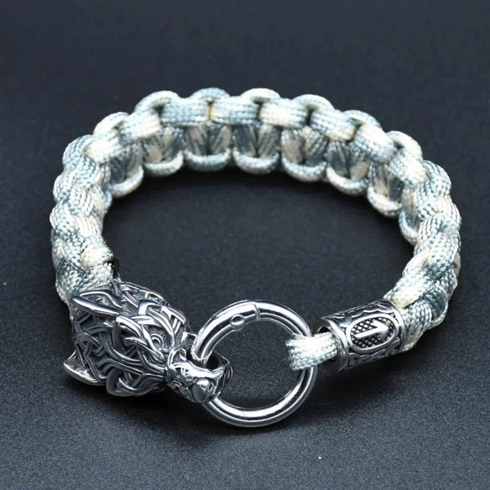 Stainless Steel Wolf Heads Bracelets Men Norse Vikings Runic Beads Survival Paracord Rope Bangles