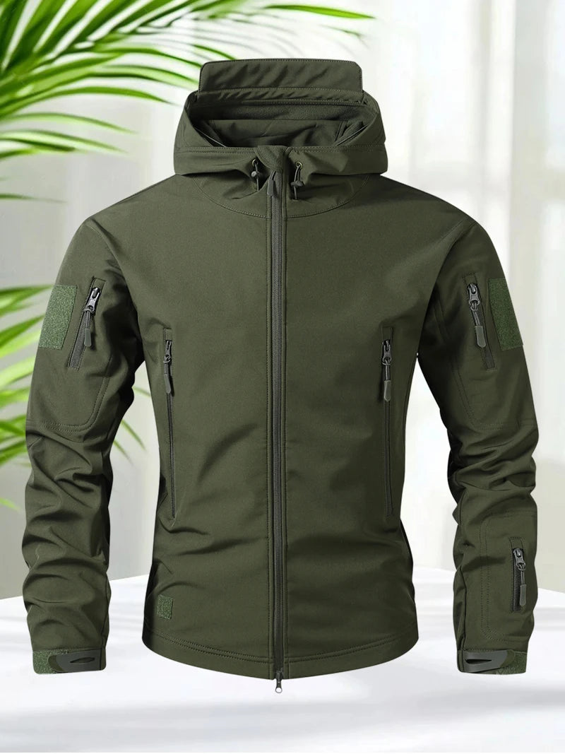 Waterproof Jacket Men Outdoor Softshell Hiking Jacket Hunting Coat Multi-Pockets Military Hooded Fleece Lined Rain Resistent