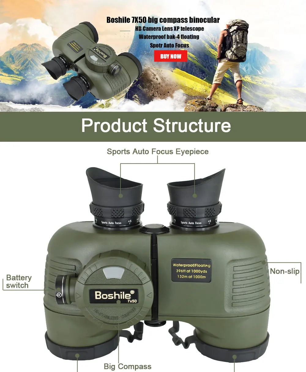 Powerful Marine Binoculars Boshile 7x50 Waterproof Telescope With Rangefinder Compass BAK4 Prism FMC Lens For Navigation Hunting