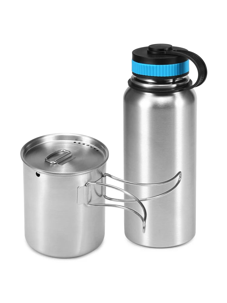 1000ml Stainless Steel Vacuum Insulated Water Bottle with 700ml Water Cup Hanging Pot for Survival Camping Hiking Backpacking