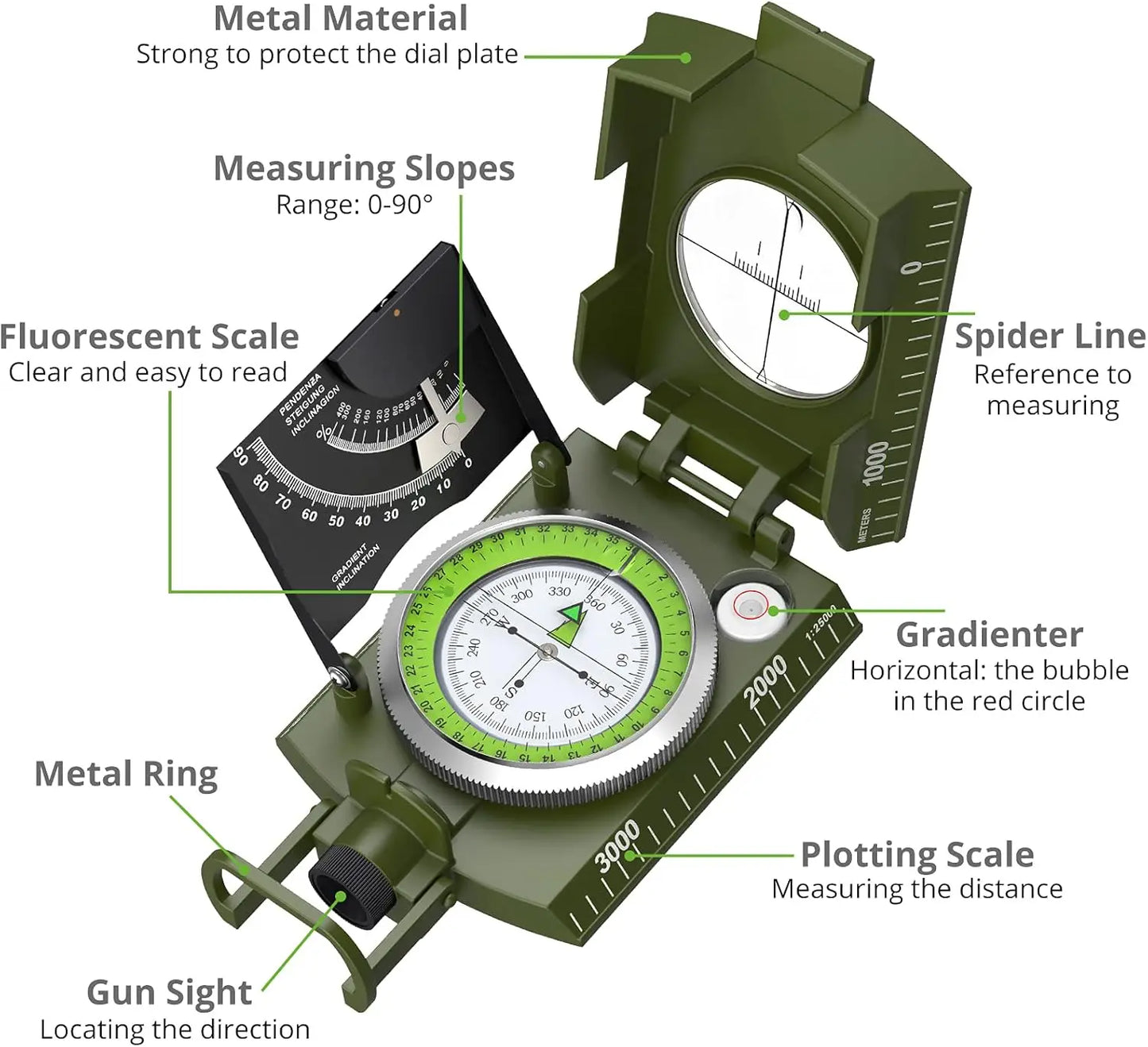 Outdoor Survival Compass High Precision Professional Metal Sight Compass Luminous for Outdoor Hiking Climbing Exploring Geology