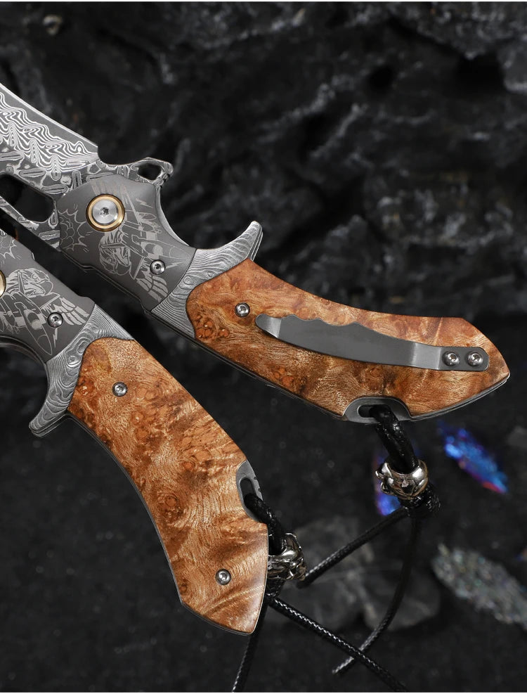 Handmade Damascus Steel Folding Pocket Knife, Men's EDC Pocket Knife with Sheath, Camping Hunting Outdoor Survival Knife