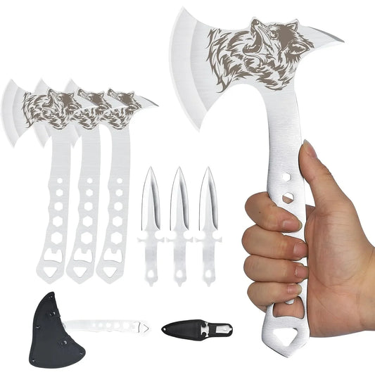 3-Pack Tactical Throwing Axe/Tomahawk w/Corkscrew & Nylon Sheath, 10.4'' Full Tang Stainless Steel - Camping/Survival Gear
