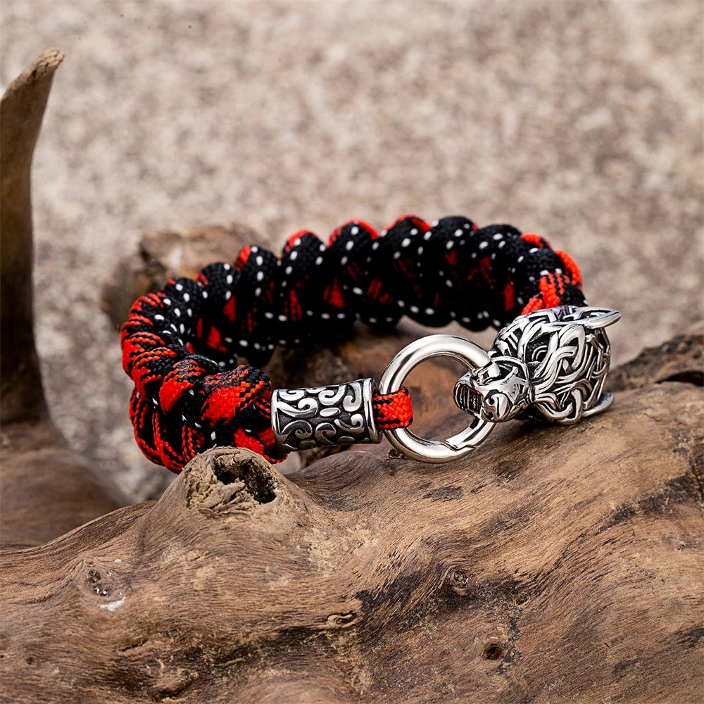 Punk Viking Wolf Head Metal Bangle Stainless Steel Norse Celtic Wolf Braided Paracord Rope Survival Bracelet Men Outdoor Jewelry