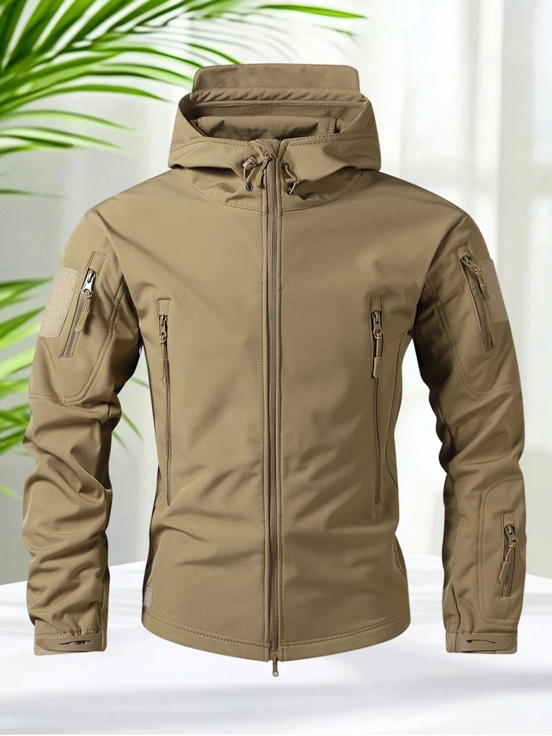 Waterproof Jacket Men Outdoor Softshell Hiking Jacket Hunting Coat Multi-Pockets Military Hooded Fleece Lined Rain Resistent