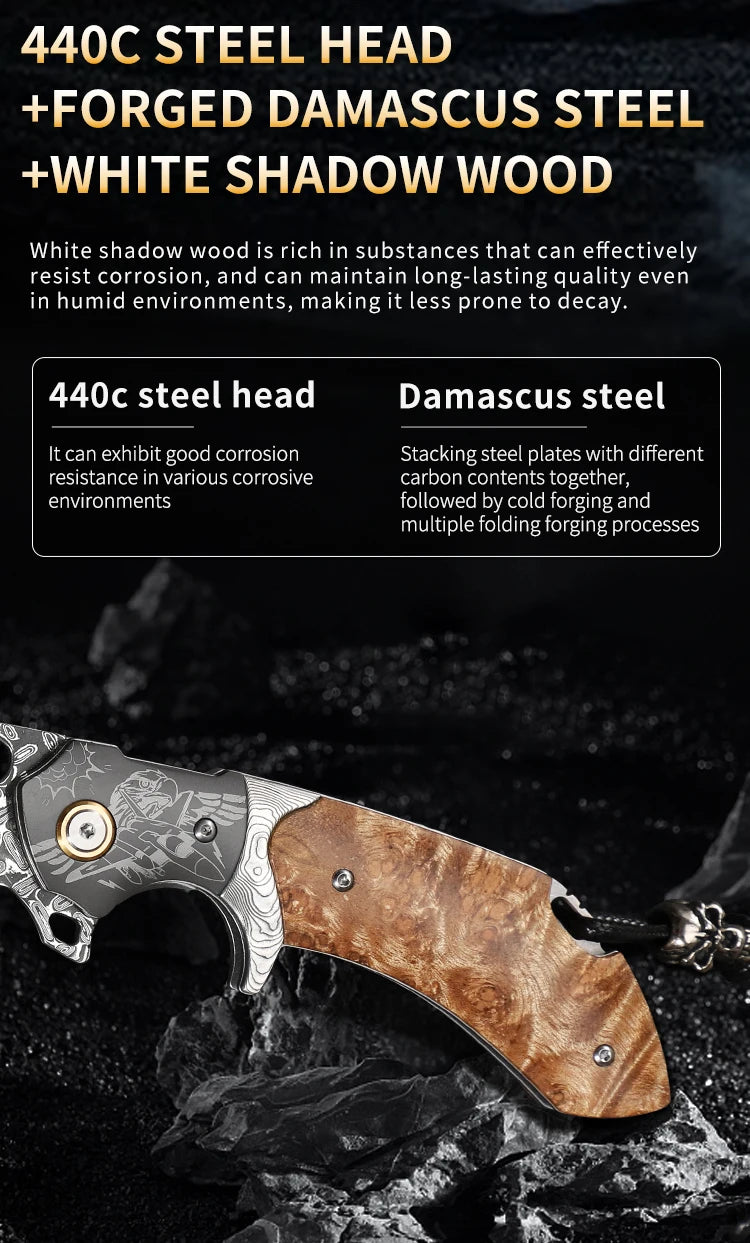 Handmade Damascus Steel Folding Pocket Knife, Men's EDC Pocket Knife with Sheath, Camping Hunting Outdoor Survival Knife