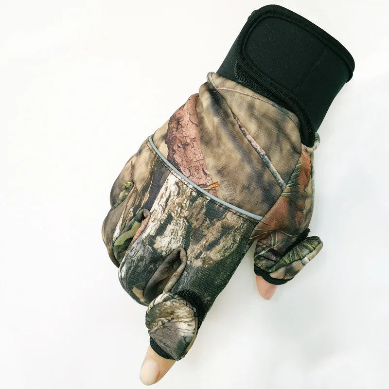 Autumn Winter Tree Bionic Camouflage Hunting Fishing Gloves Two Fingers Off Anti-Slip Riding Gloves Unisex Camo Full Mitten