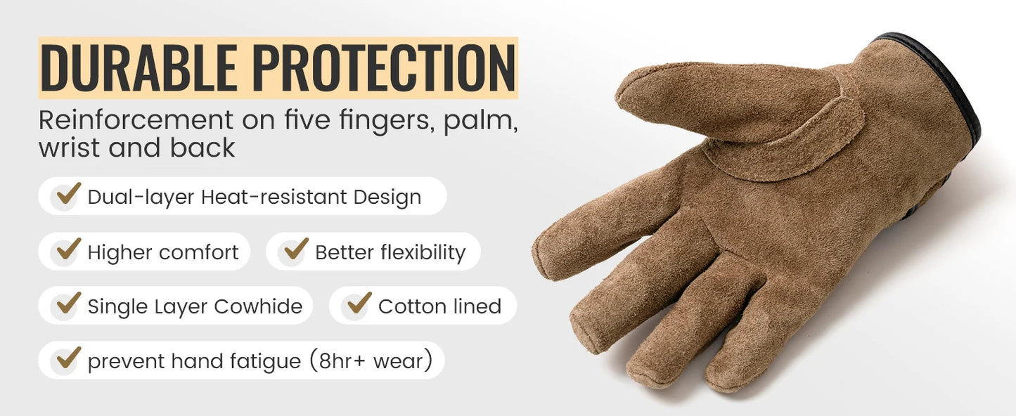 OneTigris Welding Gloves Fireproof Leather Work Gloves for Men/Women Forge BBQ Camping Wood Stove Heat-Insulating Cowhide