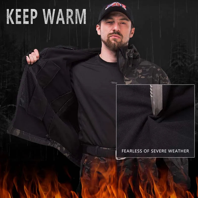Tactical Waterproof Men Camo Set Soft Shell Fleece Winter Combat Suit Windbreak Warm Multi Pocket Outdoors Training Uniform