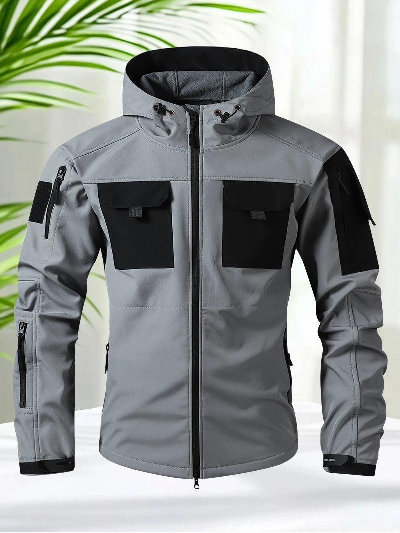 Waterproof Jacket Men Outdoor Softshell Hiking Jacket Hunting Coat Multi-Pockets Military Hooded Fleece Lined Rain Resistent