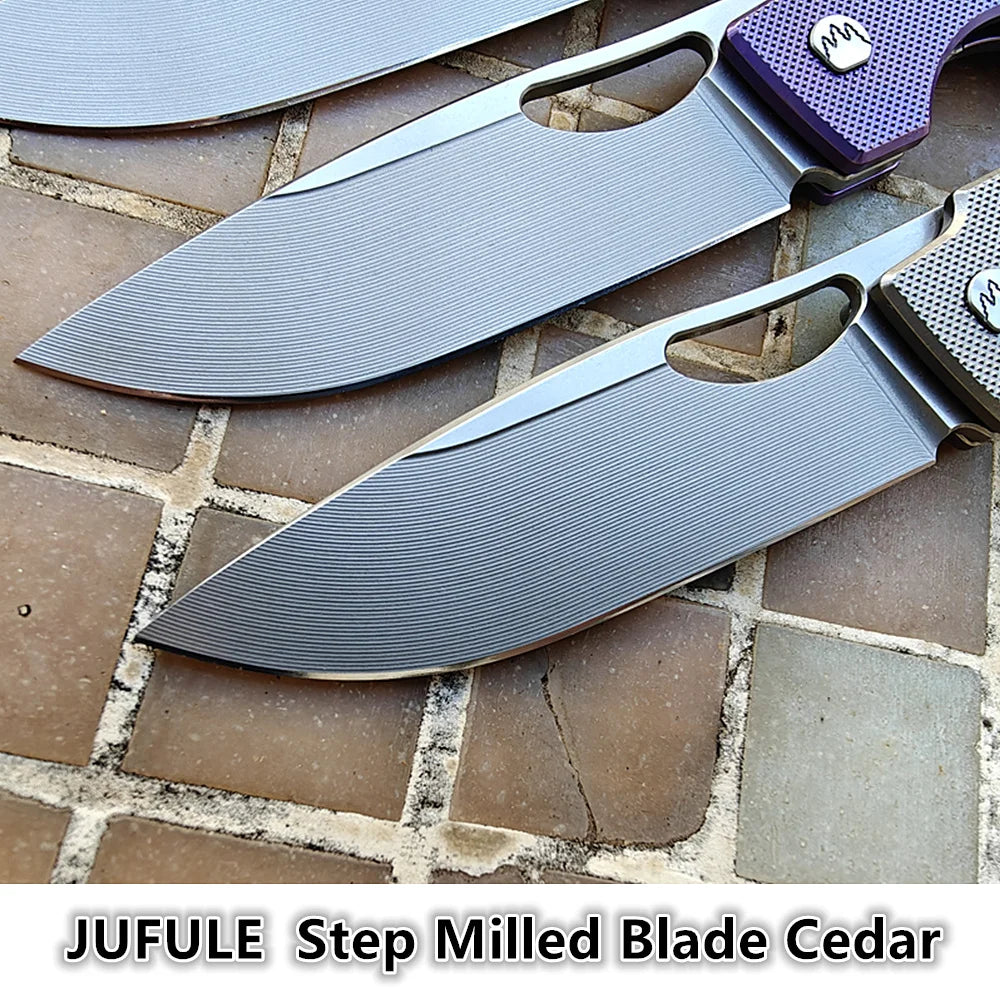JUFULE New Cedar Step Milled Blade Folding Knife Titanium Handle Ceramic Bearings 154CM Pocket Hunting Outdoor EDC Camping Tool