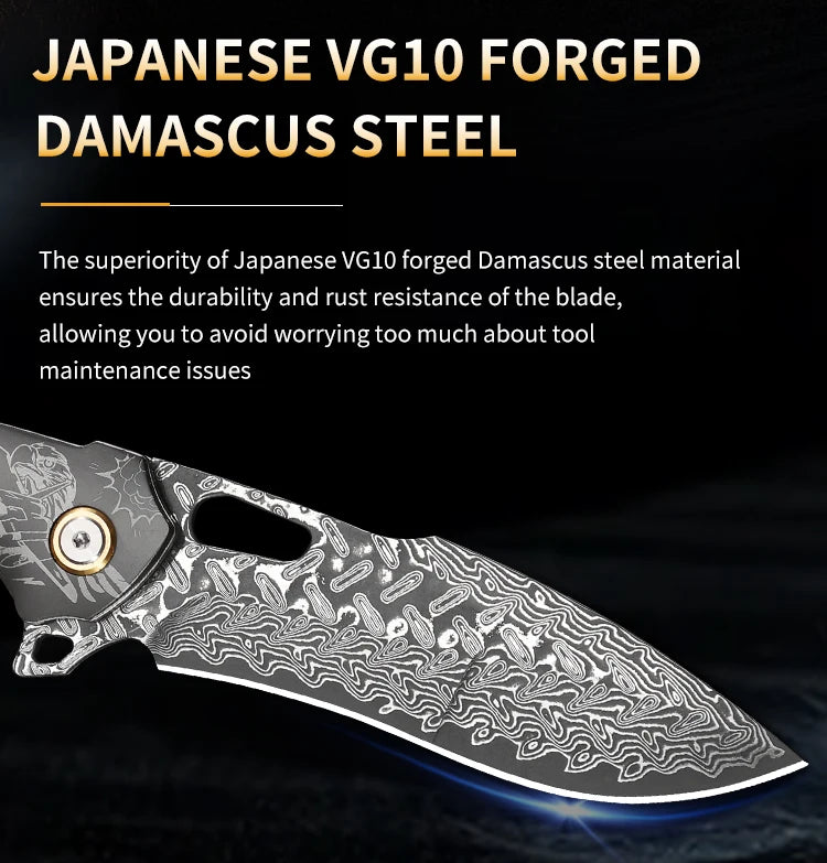 Handmade Damascus Steel Folding Pocket Knife, Men's EDC Pocket Knife with Sheath, Camping Hunting Outdoor Survival Knife