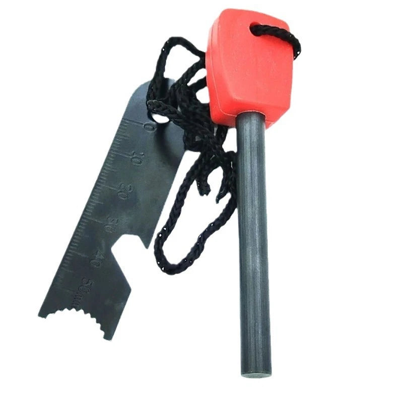 Outdoor Survival Flint Fire Starter with Wood Handle, Multi-Tool Magnesium Rod - Luminous Waterproof Camping Fire Stick