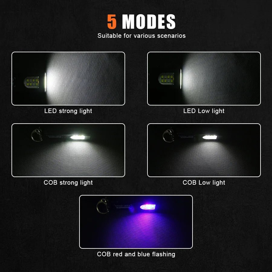 Powerful Mini COB LED Keychain Flashlight USB Rechargeable Hanging Work Light Waterproof Keyring Camping Walking Pocket Lamp