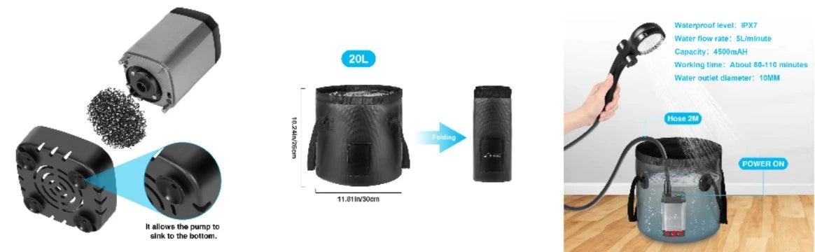 Portable Camping Shower with Rechargeable Pump - 6000mAh Outdoor Shower Kit W/ 20L Foldable Bag for Travel, Garden & Car Wash