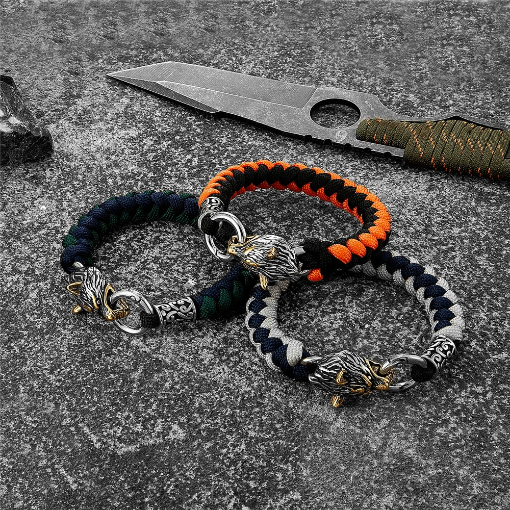 Retro Norse Odin's Wolf Survival Bracelets Men Viking Geri&Freki Stainless Steel Paracord Rope Bangles Handmade Outdoor Jewelry